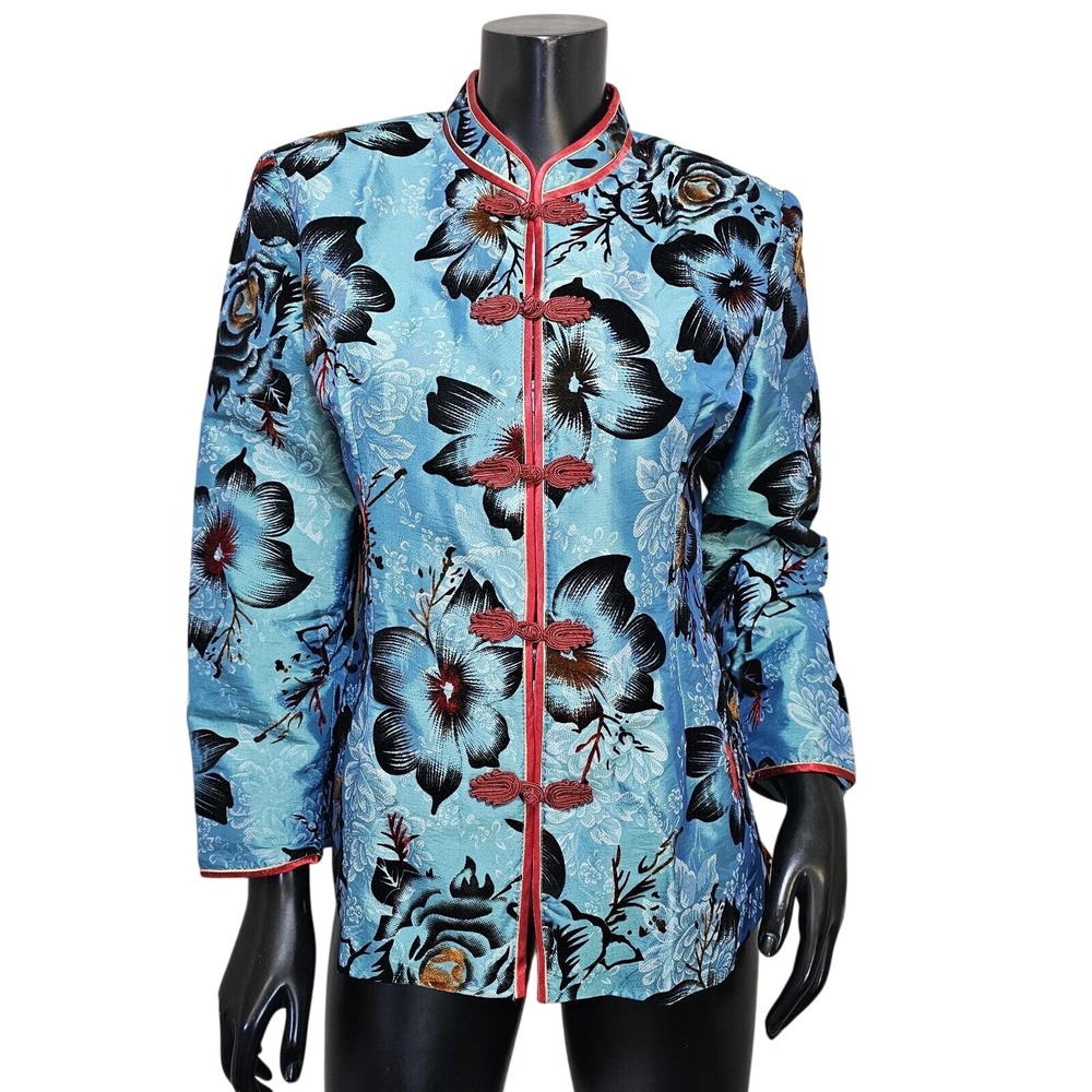 Jinxitang Blue‎ Floral Satin Jacquard Mandarin Collar Frog Button Jacket Sz 44